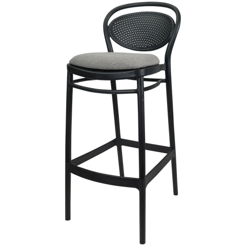 Marcel Bar Stool By Siesta In Black With Taupe Seat Pad, Viewed From Angle