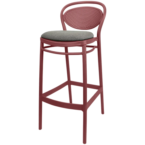 Marcel Bar Stool By Siesta In Marsala With Taupe Seat Pad, Viewed From Angle