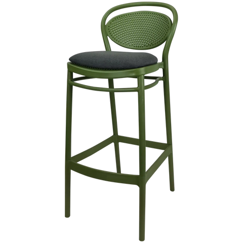 Marcel Bar Stool By Siesta In Olive Green With Anthracite Seat Pad, Viewed From Angle