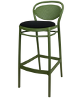 Marcel Bar Stool By Siesta In Olive Green With Black Seat Pad, Viewed From Angle