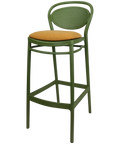 Marcel Bar Stool By Siesta In Olive Green With Orange Seat Pad, Viewed From Angle
