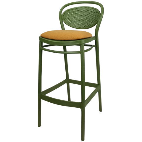 Marcel Bar Stool By Siesta In Olive Green With Orange Seat Pad, Viewed From Angle