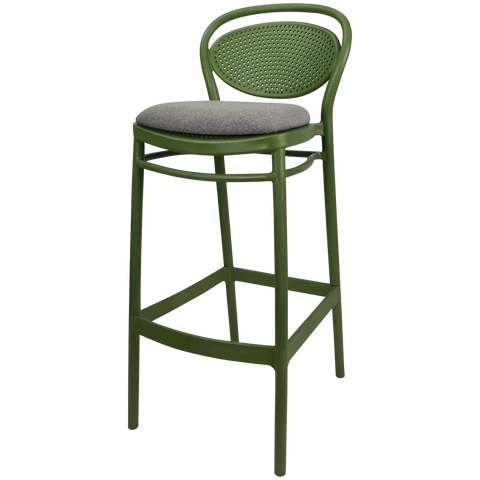Marcel Bar Stool By Siesta In Olive Green With Taupe Seat Pad, Viewed From Angle