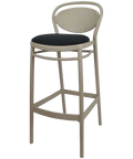 Marcel Bar Stool By Siesta In Taupe With Black Seat Pad, Viewed From Angle