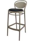 Marcel Bar Stool By Siesta In Taupe With Black Vinyl Seat Pad, Viewed From Angle