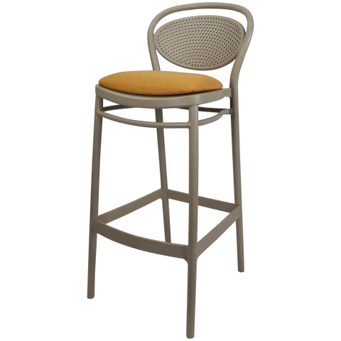 Marcel Bar Stool By Siesta In Taupe With Orange Seat Pad, Viewed From Angle