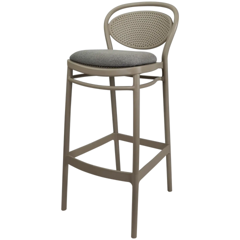 Marcel Bar Stool By Siesta In Taupe With Taupe Seat Pad, Viewed From Angle