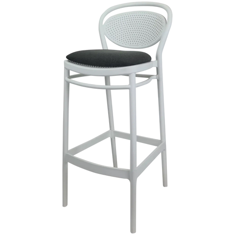Marcel Bar Stool By Siesta In White With Anthracite Seat Pad, Viewed From Angle