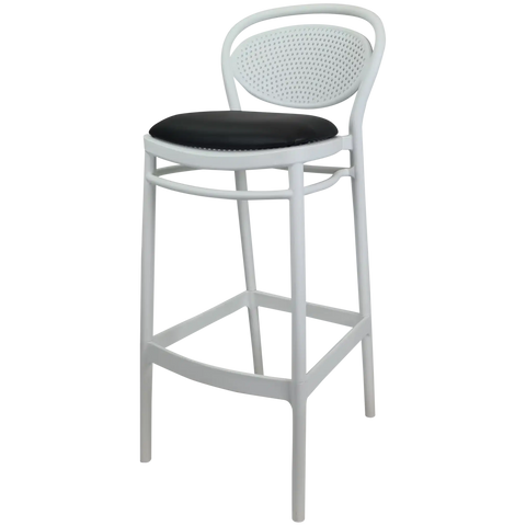 Marcel Bar Stool By Siesta In White With Black Vinyl Seat Pad, Viewed From Angle