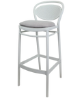 Marcel Bar Stool By Siesta In White With Light Grey Seat Pad, Viewed From Angle