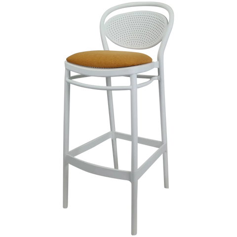 Marcel Bar Stool By Siesta In White With Orange Seat Pad, Viewed From Angle