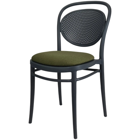 Marcel Chair By Siesta In Anthracite With Olive Green Seat Pad, Viewed From Angle