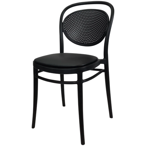 Marcel Chair By Siesta In Black With Black Vinyl Seat Pad, Viewed From Angle