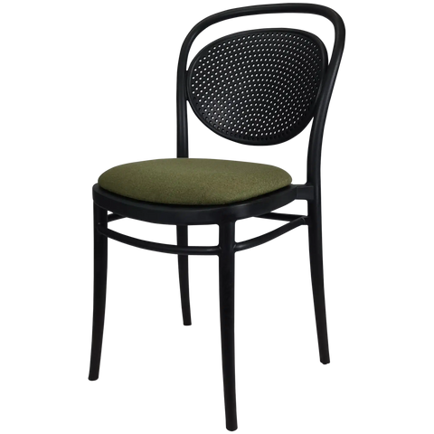 Marcel Chair By Siesta In Black With Olive Green Seat Pad, Viewed From Angle