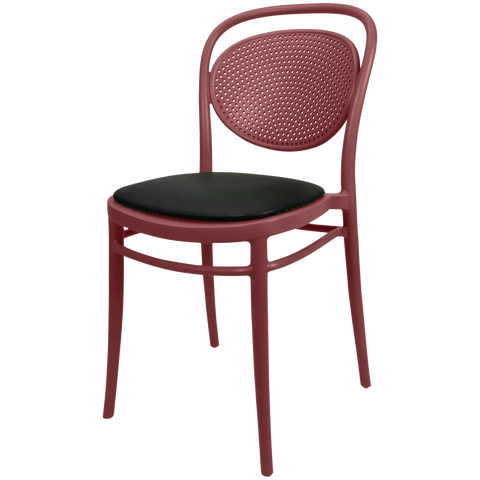 Marcel Chair By Siesta In Marsala With Black Vinyl Seat Pad, Viewed From Angle