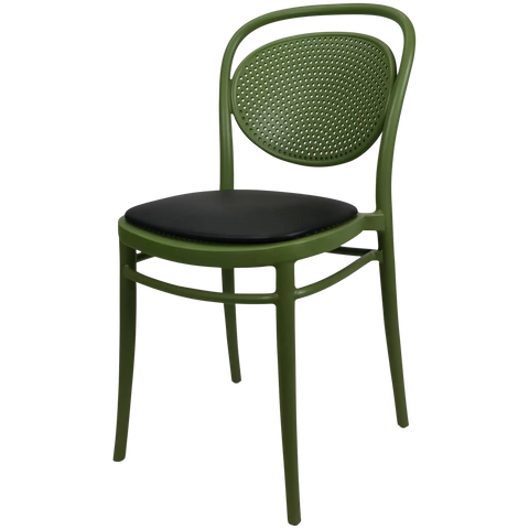 Marcel Chair By Siesta In Olive Green With Black Vinyl Seat Pad, Viewed From Angle