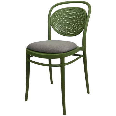 Marcel Chair By Siesta In Olive Green With Taupe Seat Pad, Viewed From Angle