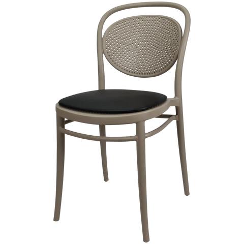 Marcel Chair By Siesta In Taupe With Black Vinyl Seat Pad, Viewed From Angle