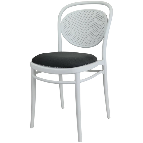 Marcel Chair By Siesta In White With Anthracite Seat Pad, Viewed From Angle