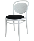 Marcel Chair By Siesta In White With Black Seat Pad, Viewed From Angle 2