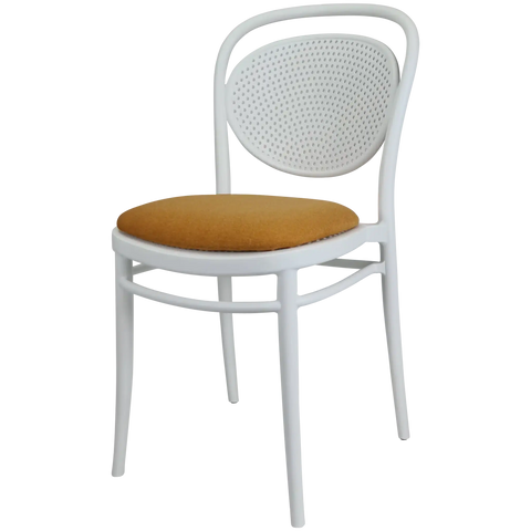 Marcel Chair By Siesta In White With Orange Seat Pad, Viewed From Angle