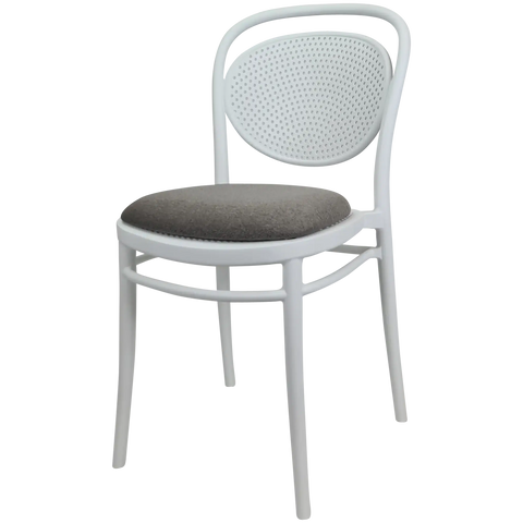 Marcel Chair By Siesta In White With Taupe Seat Pad, Viewed From Angle