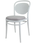 Marcel Chair In White With Light Grey Seat Pad, Viewed From Angle