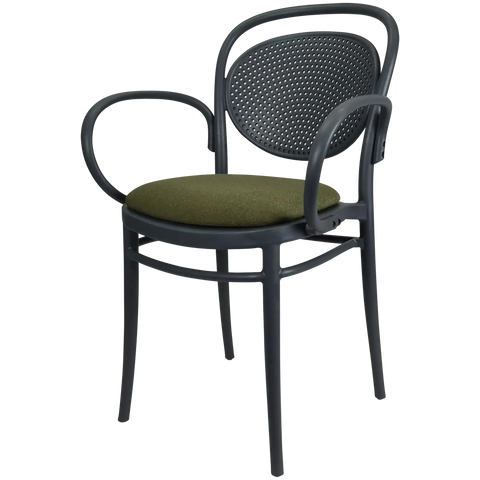 Marcel XL Armchair In Anthracite With Olive Green Seat Pad, Viewed From Angle In Front
