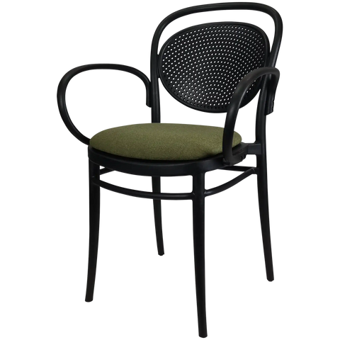 Marcel XL Armchair In Black With Olive Green Seat Pad, Viewed From Front Angle