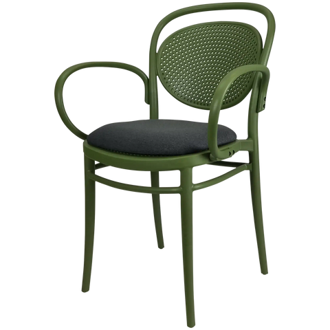 Marcel XL Armchair In Olive Green With Anthracite Seat Pad, Viewed From Angle In Front