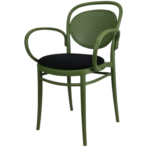 Marcel XL Armchair In Olive Green With Black Seat Pad Viewed From Front Angle