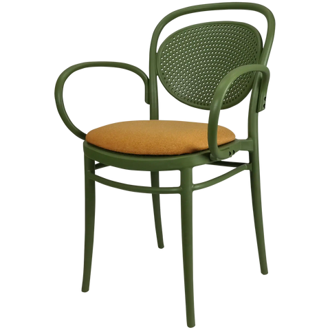 Marcel XL Armchair In Olive Green With Orange Seat Pad, Viewed From Angle In Front