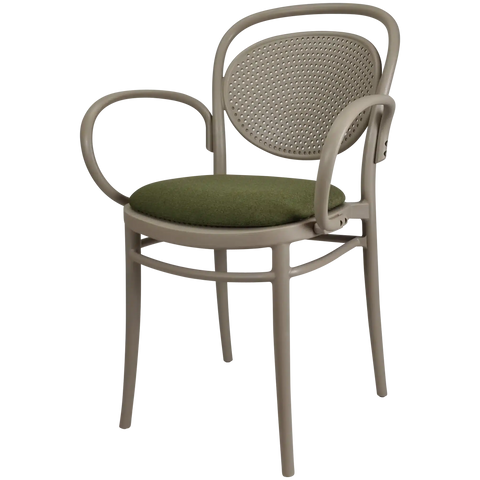 Marcel XL Armchair In Taupe With Olive Green Seat Pad, Viewed From Front Angle