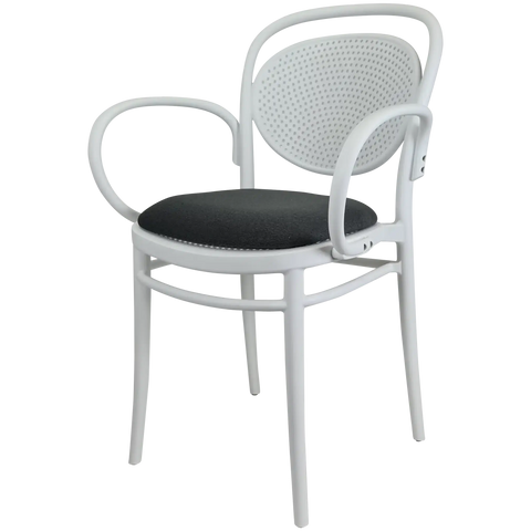 Marcel XL Armchair In White With Anthracite Seat Pad, Viewed From Angle In Front