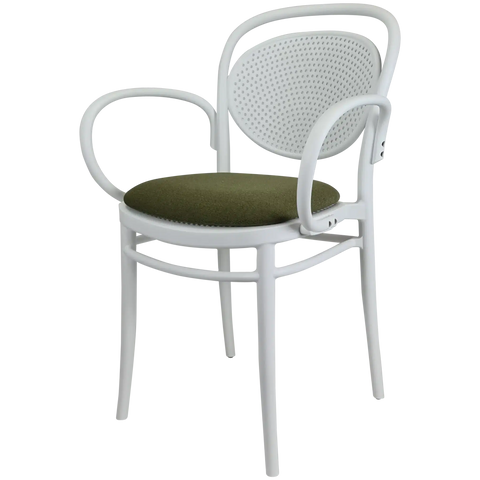 Marcel XL Armchair In White With Olive Green Seat Pad, Viewed From Angle In Front