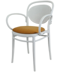 Marcel XL Armchair In White With Orange Seat Pad, Viewed From Angle In Front