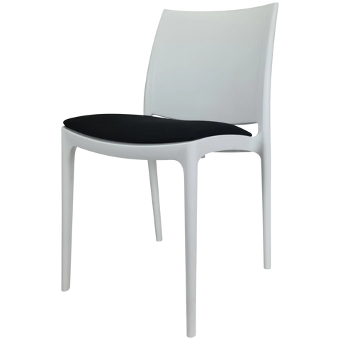 Maya Chair By Siesta In White With Black Seat Pad, Viewed From Angle
