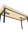 Melamine Top With Deluxe Folding Banquette Trestle Legs, View From Angle In Front Underneath