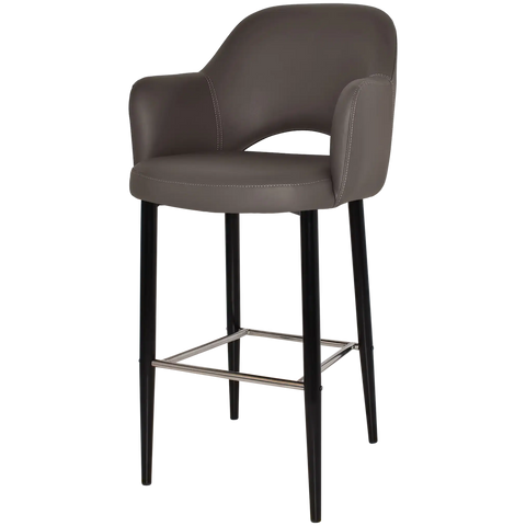 Mulberry Arm Bar Stool Black Metal 4 Leg With Charcoal Vinyl Shell, Viewed From Angle In Front