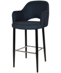 Mulberry Arm Bar Stool Black Metal 4 Leg With Gravity Navy Shell, Viewed From Angle In Front
