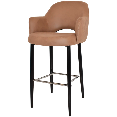 Mulberry Arm Bar Stool Black Metal 4 Leg With Pelle Benito Tan Shell, Viewed From Angle In Front