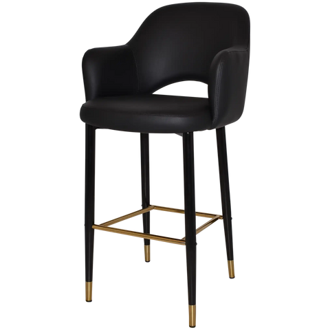Mulberry Arm Bar Stool Black With Brass Tip Metal 4 Leg With Black Vinyl Shell, View From Angle In Front