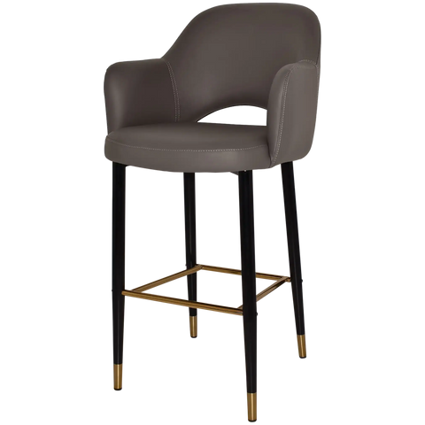 Mulberry Arm Bar Stool Black With Brass Tip Metal 4 Leg With Charcoal Vinyl Shell, Viewed From Angle In Front