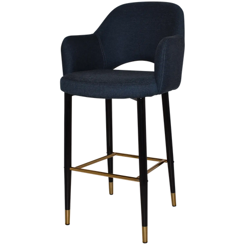 Mulberry Arm Bar Stool Black With Brass Tip Metal 4 Leg With Gravity Navy Shell, Viewed From Angle In Front