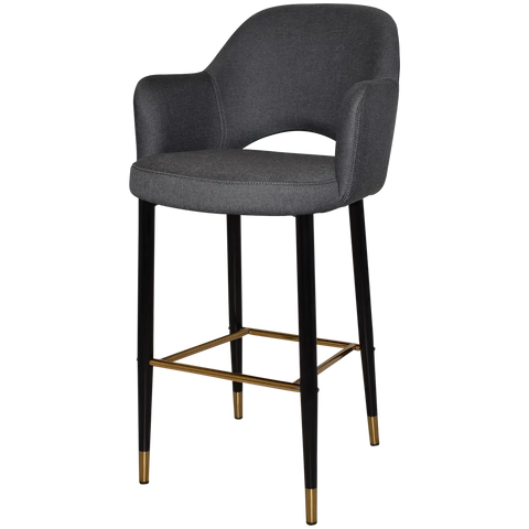 Mulberry Arm Bar Stool Black With Brass Tip Metal 4 Leg With Gravity Slate Shell, Viewed From Angle In Front