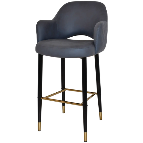 Mulberry Arm Bar Stool Black With Brass Tip Metal 4 Leg With Pelle Benito Navy Shell, Viewed From Angle In Front