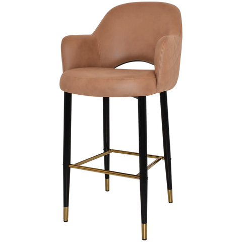 Mulberry Arm Bar Stool Black With Brass Tip Metal 4 Leg With Pelle Benito Tan Shell, Viewed From Angle In Front
