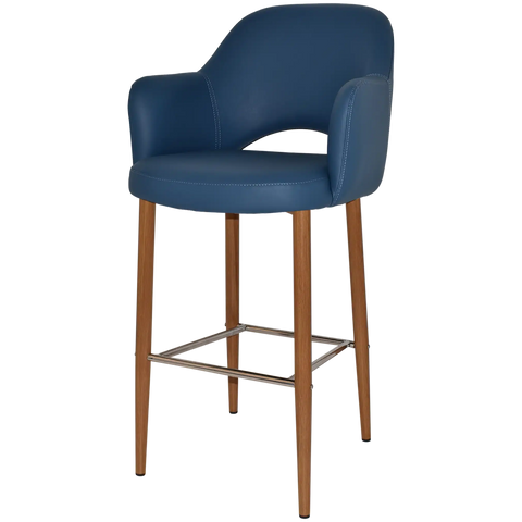 Mulberry Arm Bar Stool Light Oak Metal 4 Leg With Black Vinyl Shell, Viewed From Angle In Front