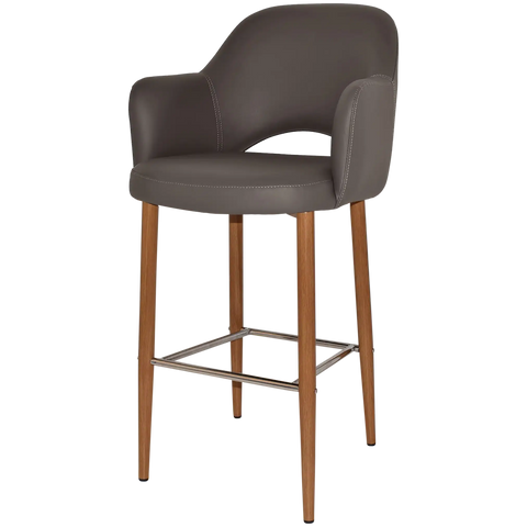 Mulberry Arm Bar Stool Light Oak Metal 4 Leg With Charcoal Vinyl Shell, Viewed From Angle In Front