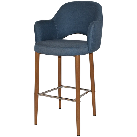 Mulberry Arm Bar Stool Light Oak Metal 4 Leg With Gravity Denim Shell, Viewed From Angle In Front
